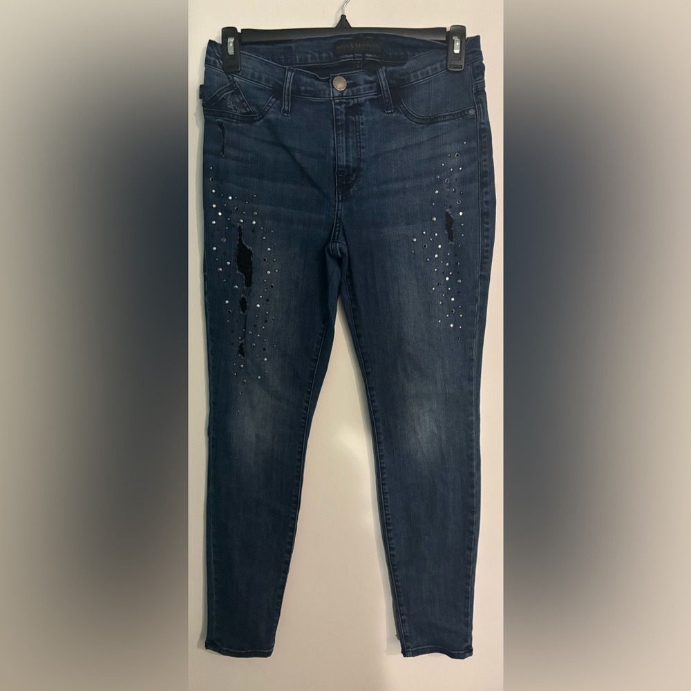 Rock & Republic Womens 12‎ Skinny Distressed Bedazzled Dark Wash Stretch Jeans